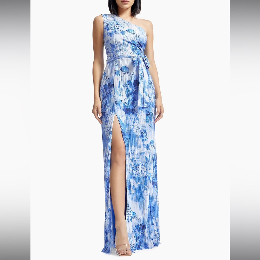 Dress the Population Bella Floral Plissé One-Shoulder Body-Con Maxi Dress Small - Picture 4 of 4